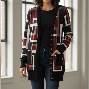 3/25$ (Mix)Lily by Firmiana Black Tan Geometric Snap Button Cardigan, S